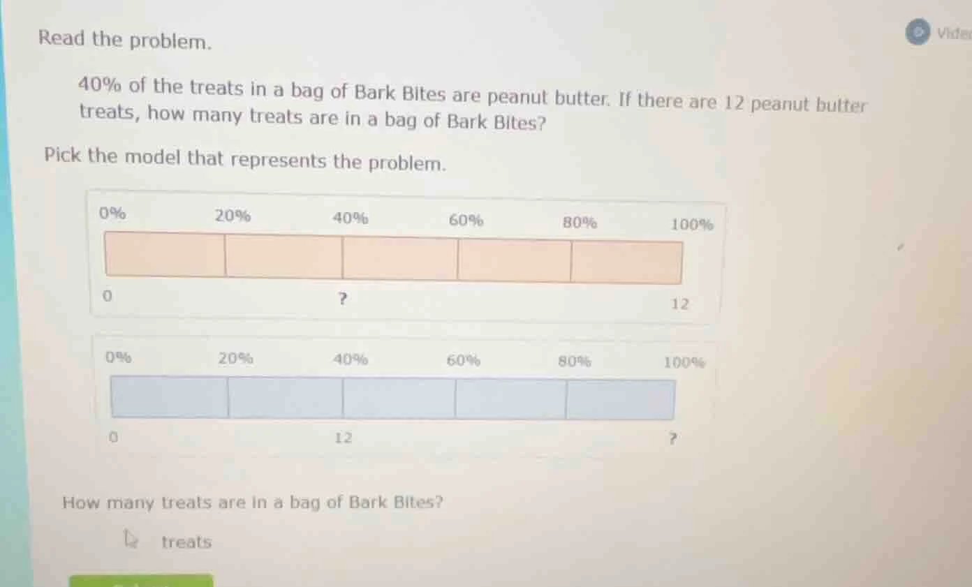 read the problem. 40% of the treats in a bag of bark bites are peanut b…