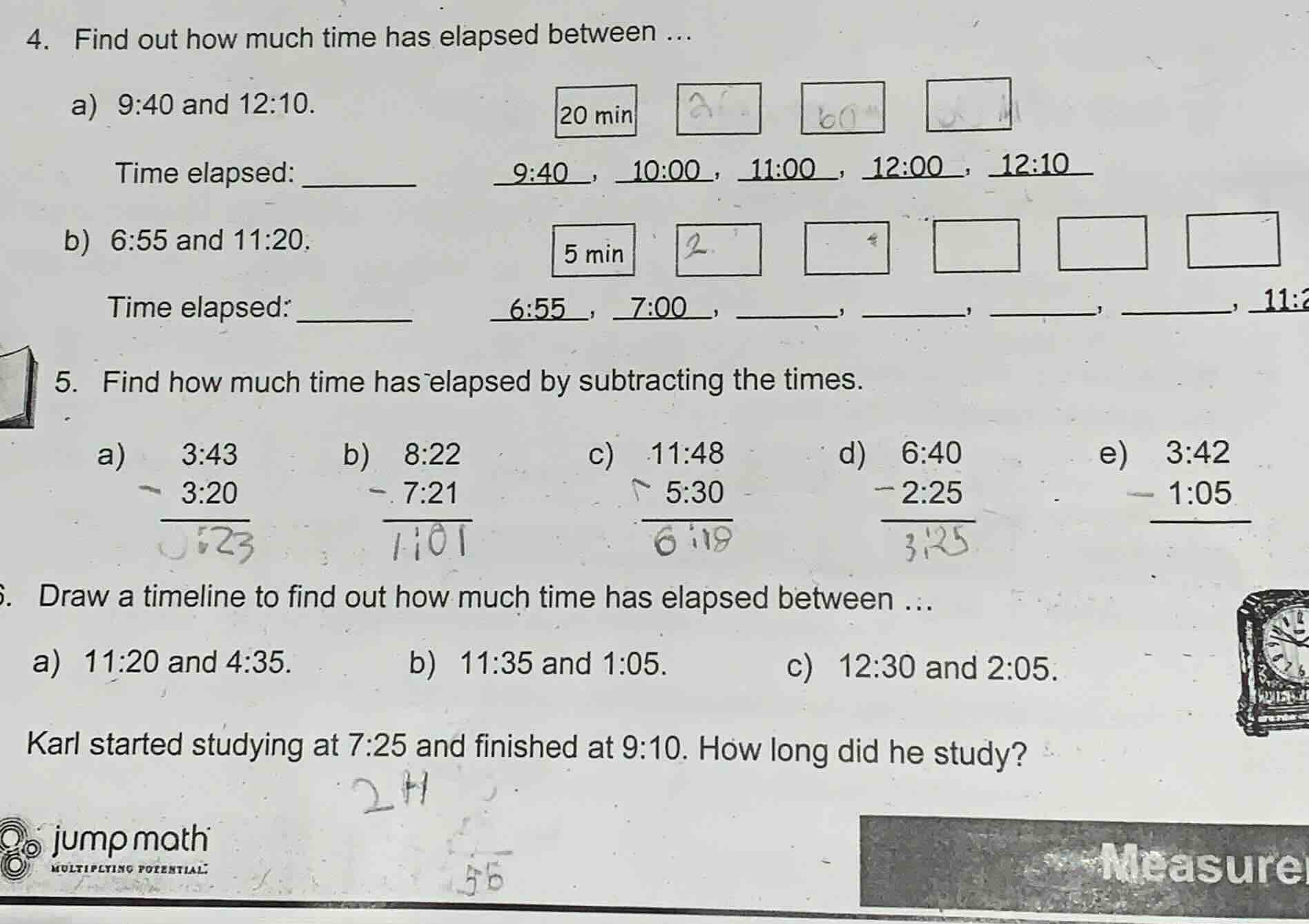 4. find out how much time has elapsed between ... a) 9:40 and 12:10. ti…