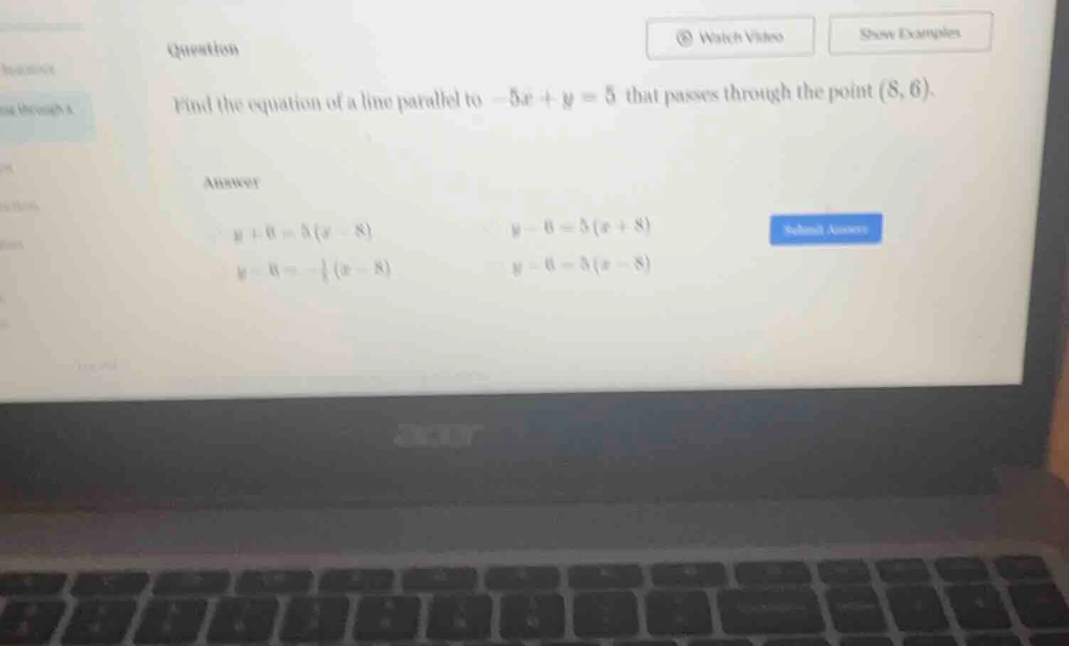 question find the equation of a line parallel to $-5x + y = 5$ that pas…
