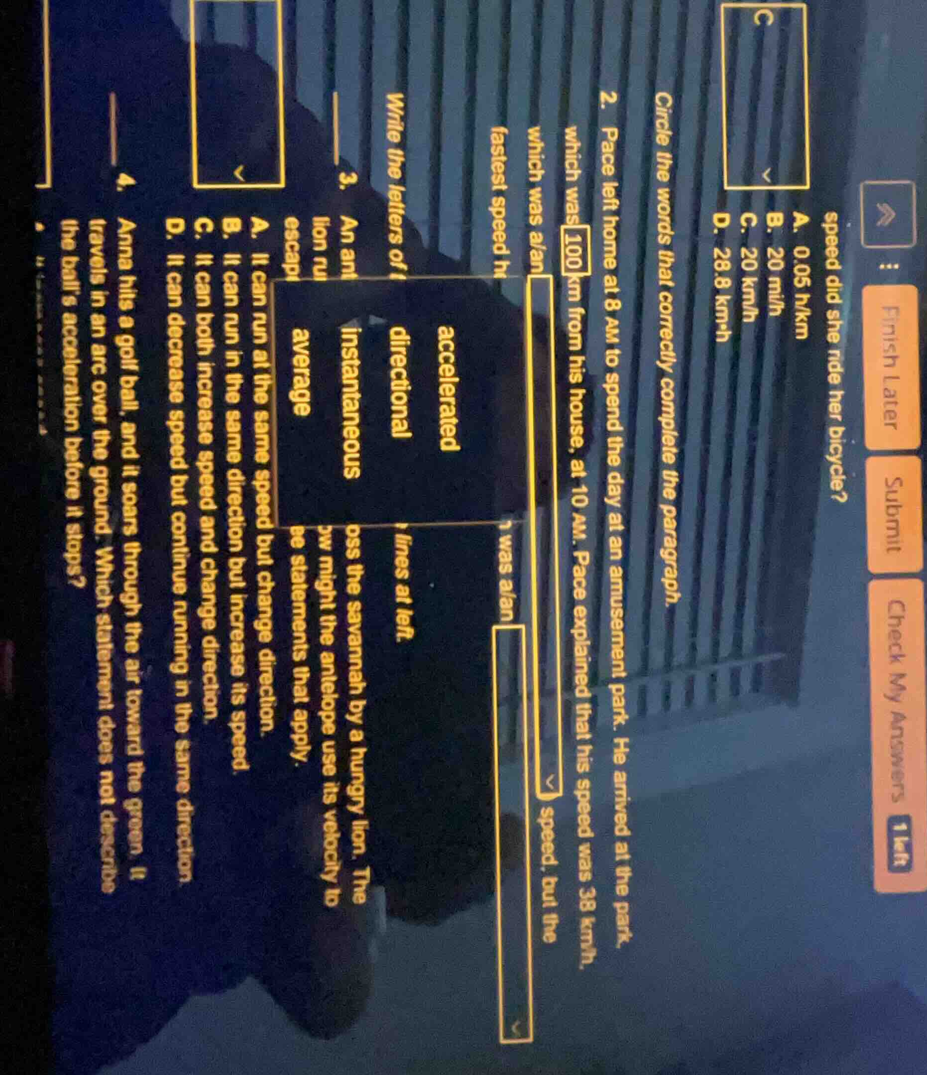 speed did she ride her bicycle? a. 0.05 h/km b. 20 mi/h c. 20 km/h d. 2…