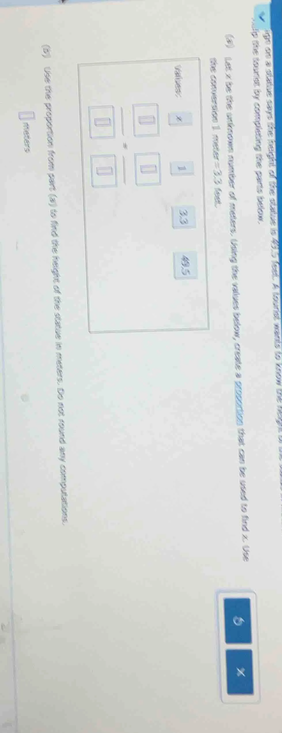 high on a statue says the height of the statue is 49.5 feet. a tourist …