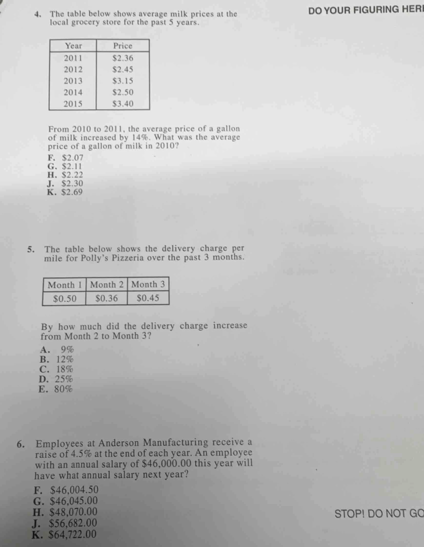 4. the table below shows average milk prices at the local grocery store…