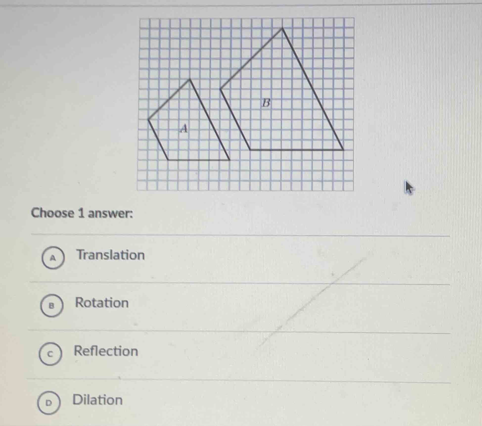 choose 1 answer: a translation b rotation c reflection d dilation