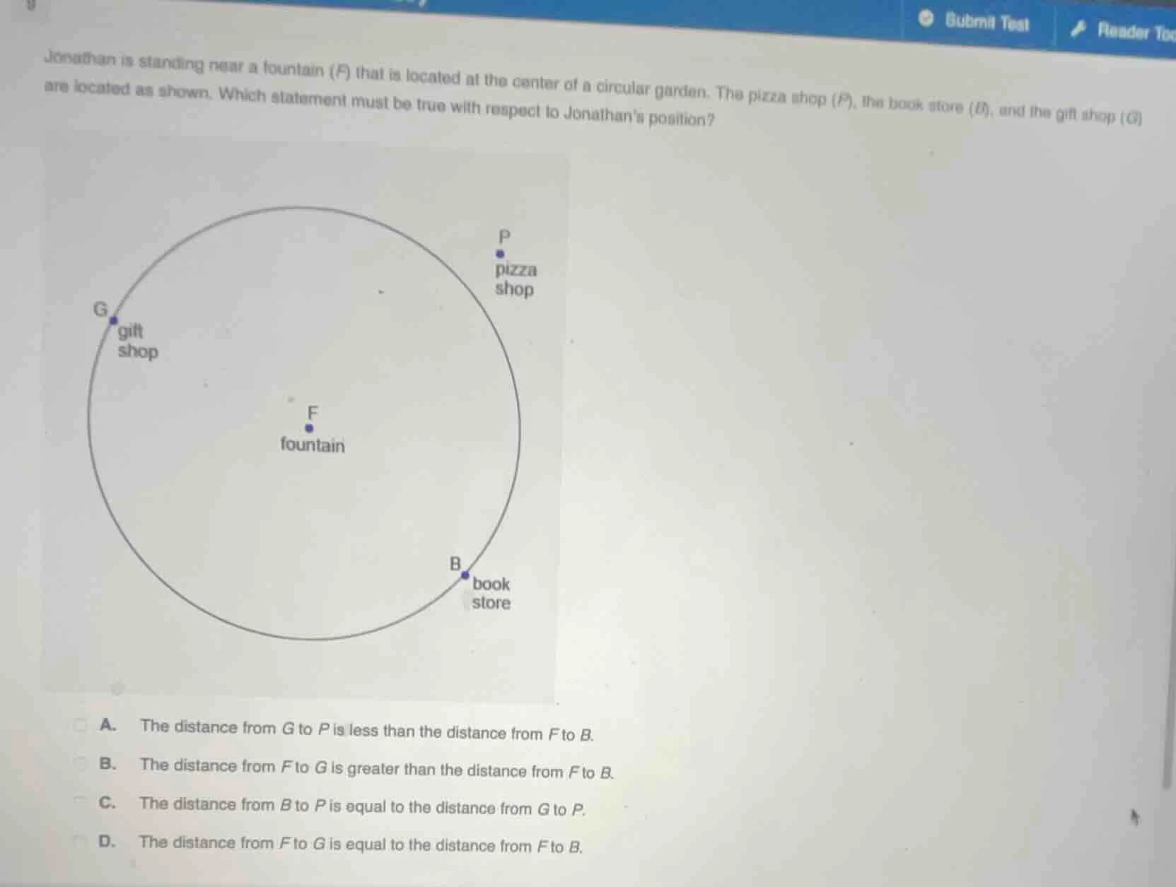 jonathan is standing near a fountain (f) that is located at the center …