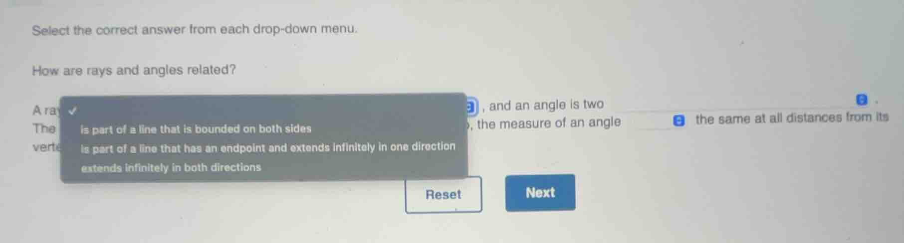 select the correct answer from each drop - down menu. how are rays and …