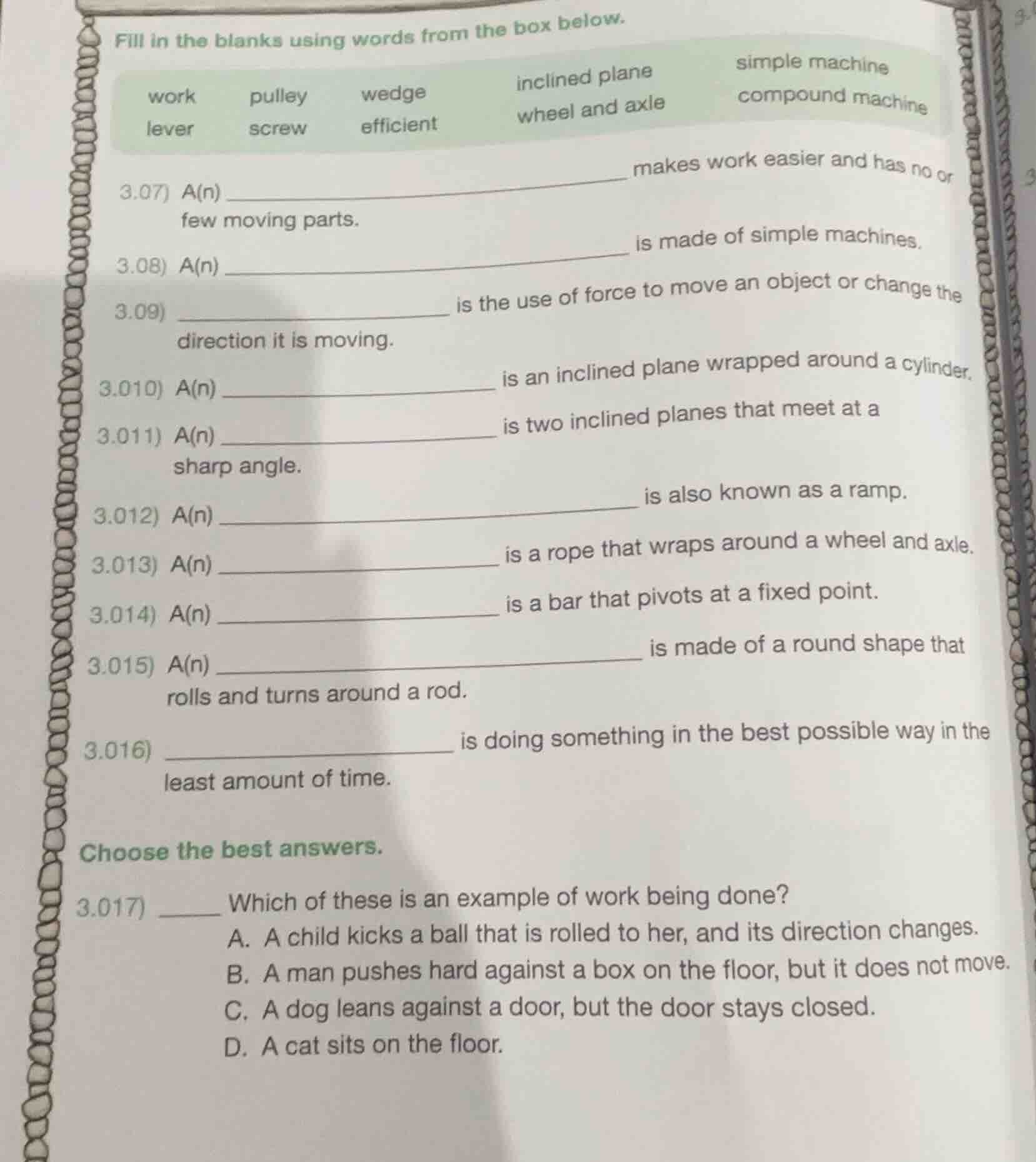 fill in the blanks using words from the box below. work pulley wedge in…