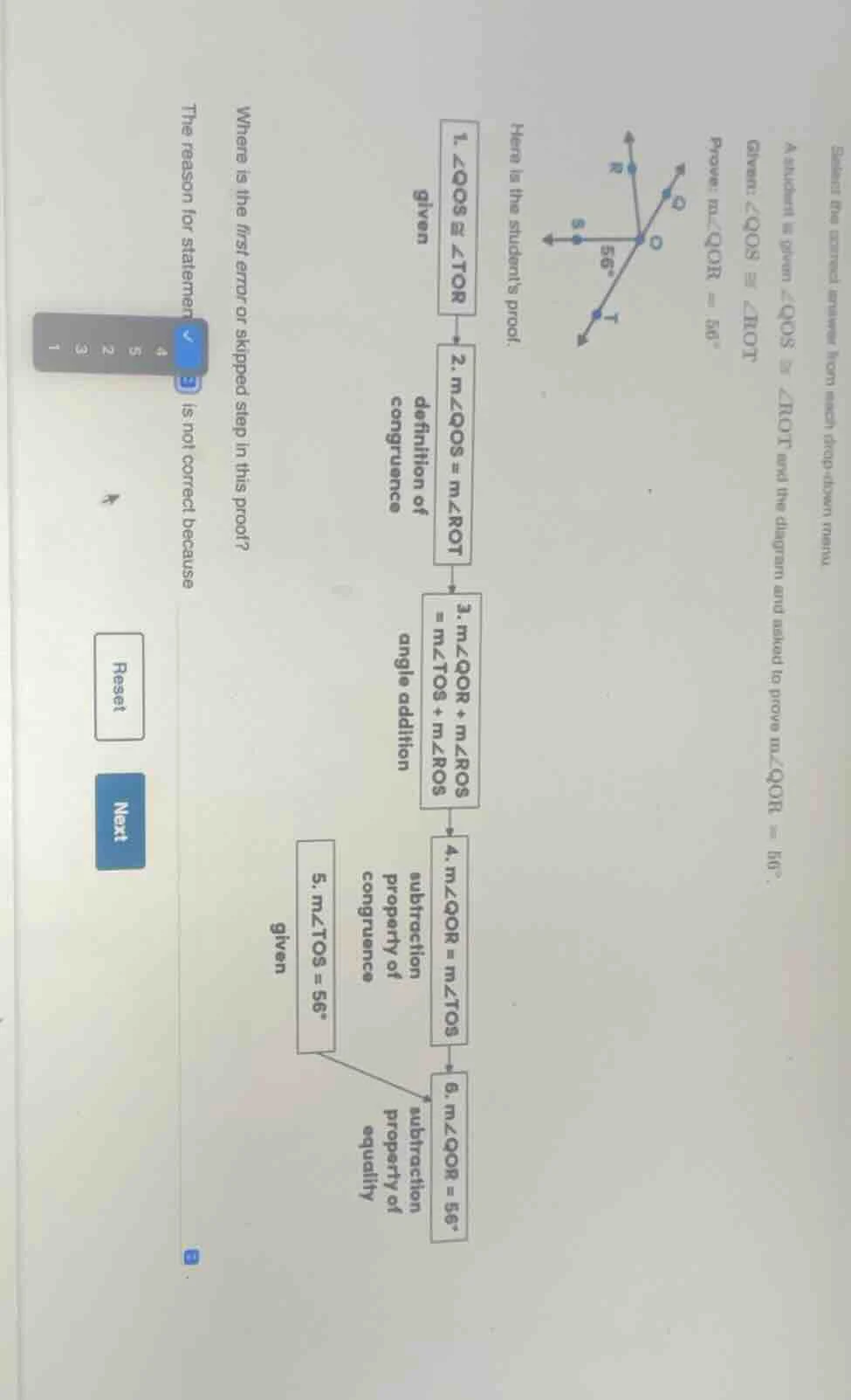 a student is given ∠qos ≅ ∠rot and the diagram and asked to prove m∠qor…