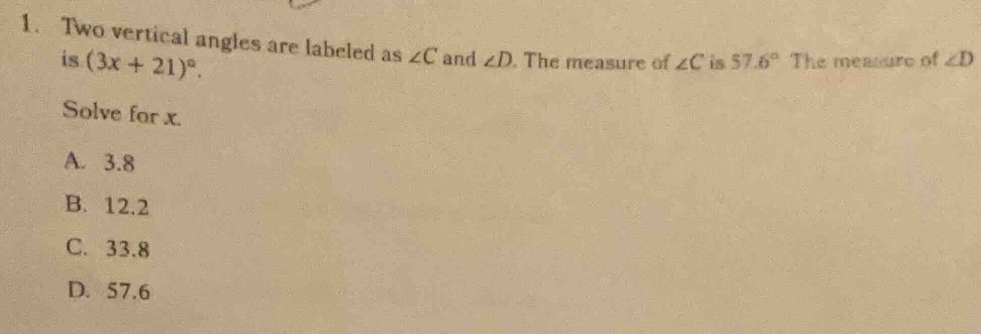 1. two vertical angles are labeled as $\\angle c$ and $\\angle d$. the …