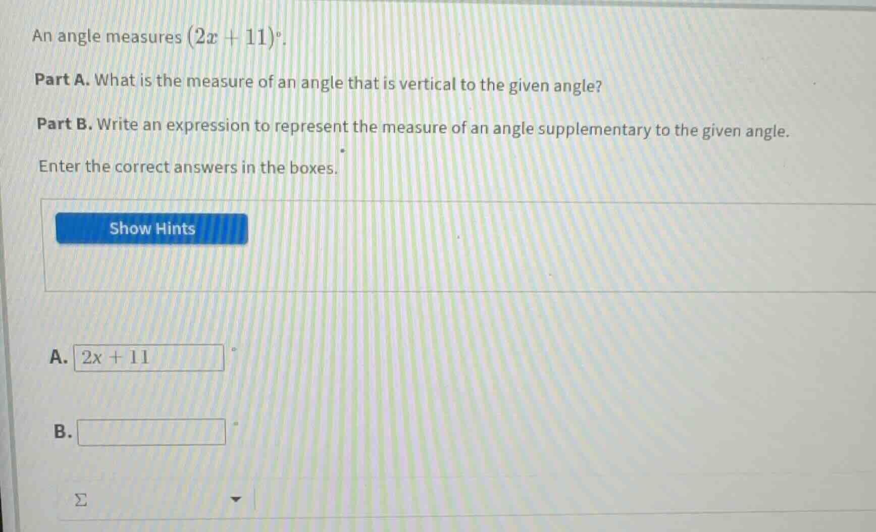 an angle measures ((2x + 11)^circ). part a. what is the measure of an a…