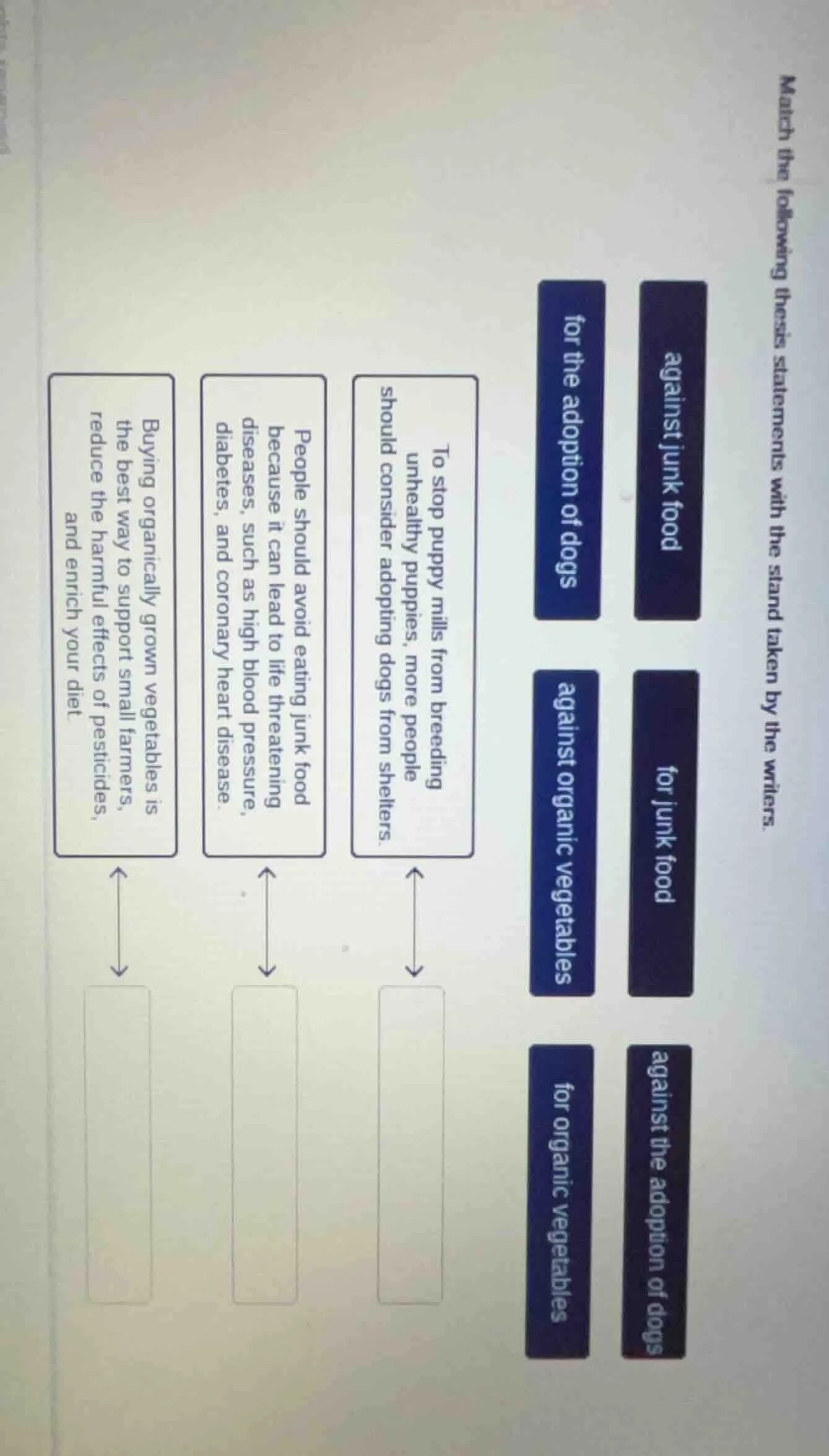 match the following thesis statements with the stand taken by the write…