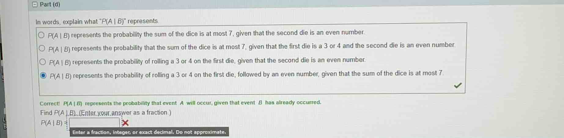 part (d) in words, explain what ( p(a mid b) ) represents. - ( p(a mid …