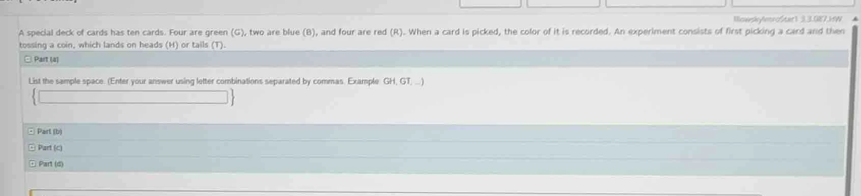 a special deck of cards has ten cards. four are green (g), two are blue…