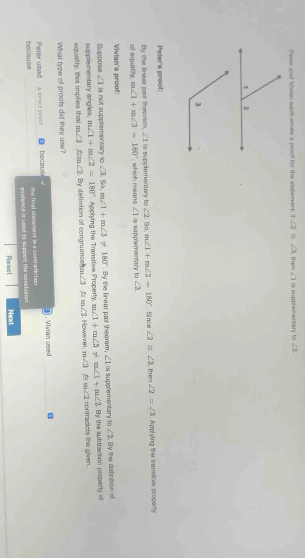 peter and vivian each wrote a proof for the statement: if ∠2 ≅ ∠3, then…