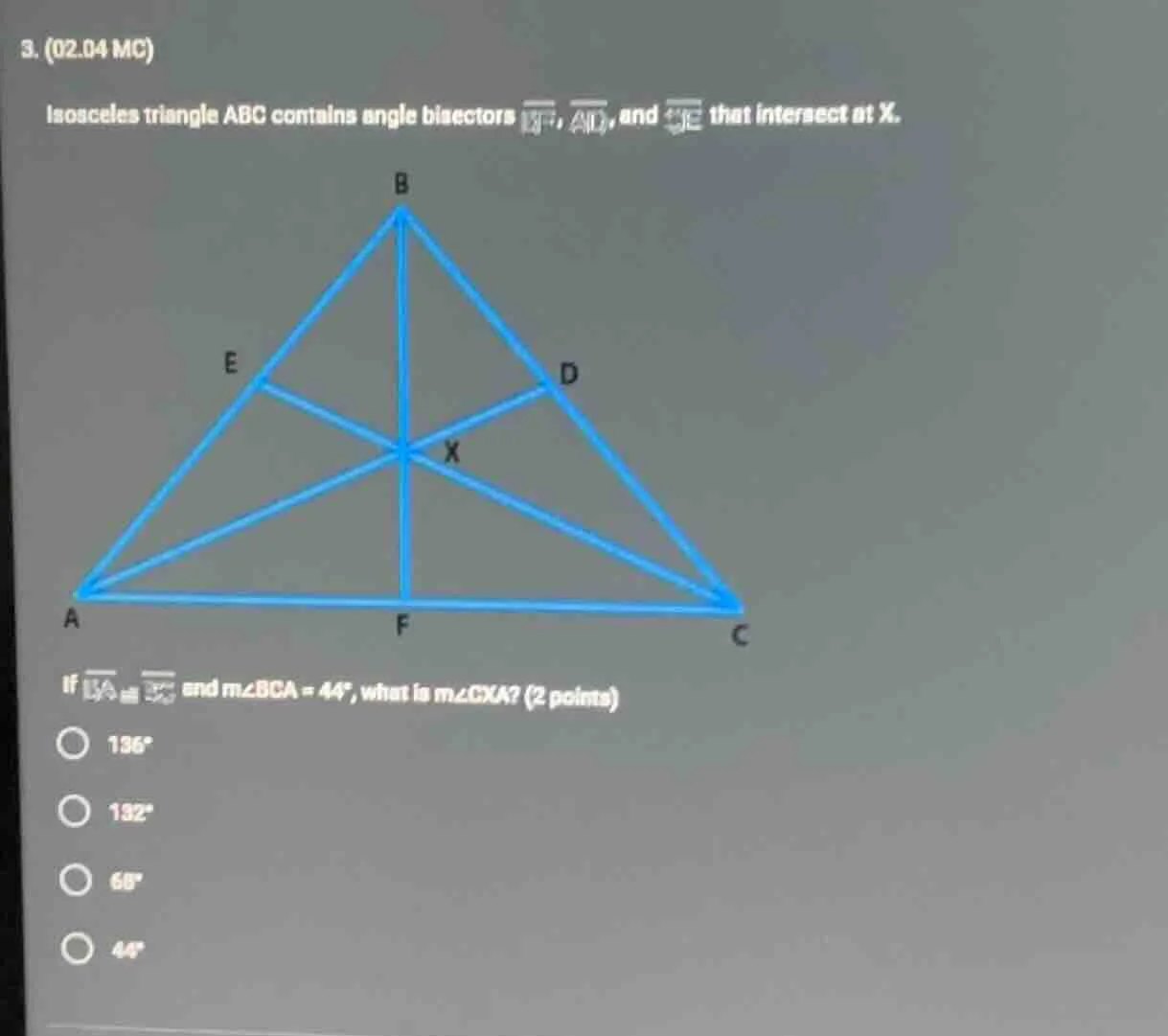 3. (02.04 mc) isosceles triangle abc contains angle bisectors, ad, and …