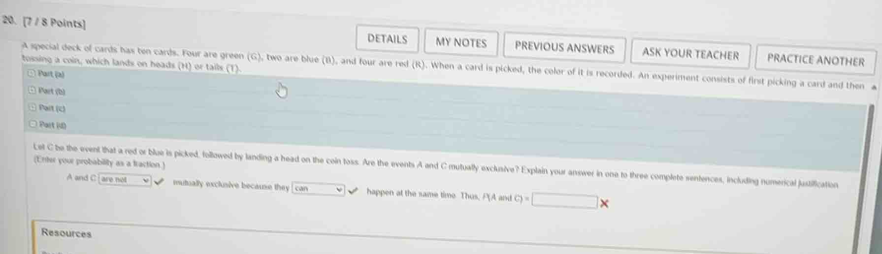 20. 7 / 8 points a special deck of cards has ten cards. four are green …