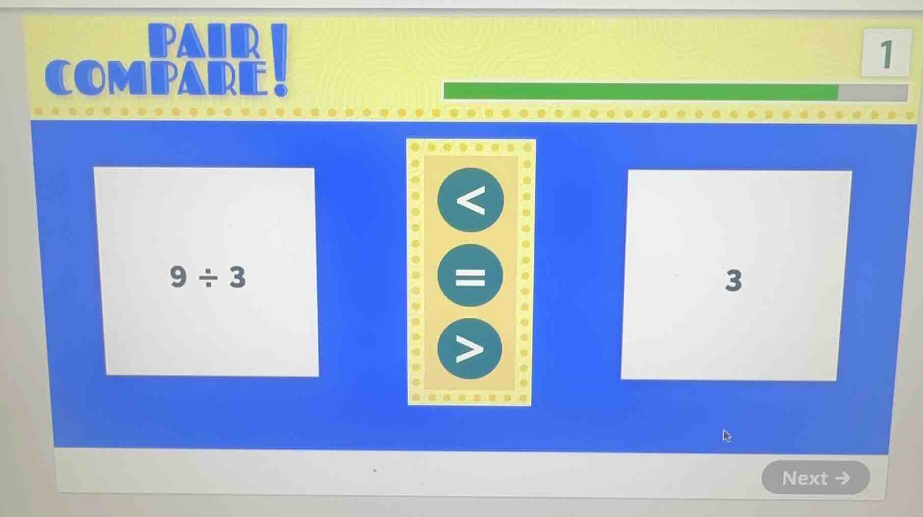 pair compare! 1; 9 ÷ 3; 3; with comparison symbols <, =, >