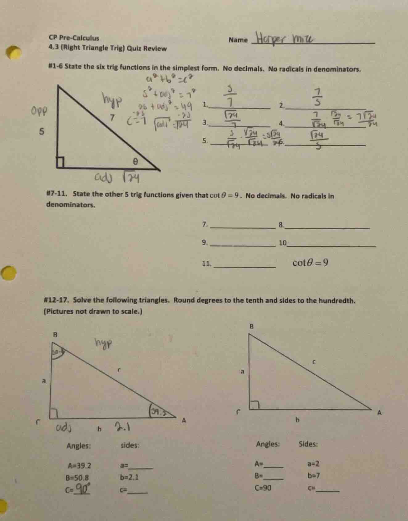 cp pre - calculus 4.3 (right triangle trig) quiz review name #1 - 6 sta…