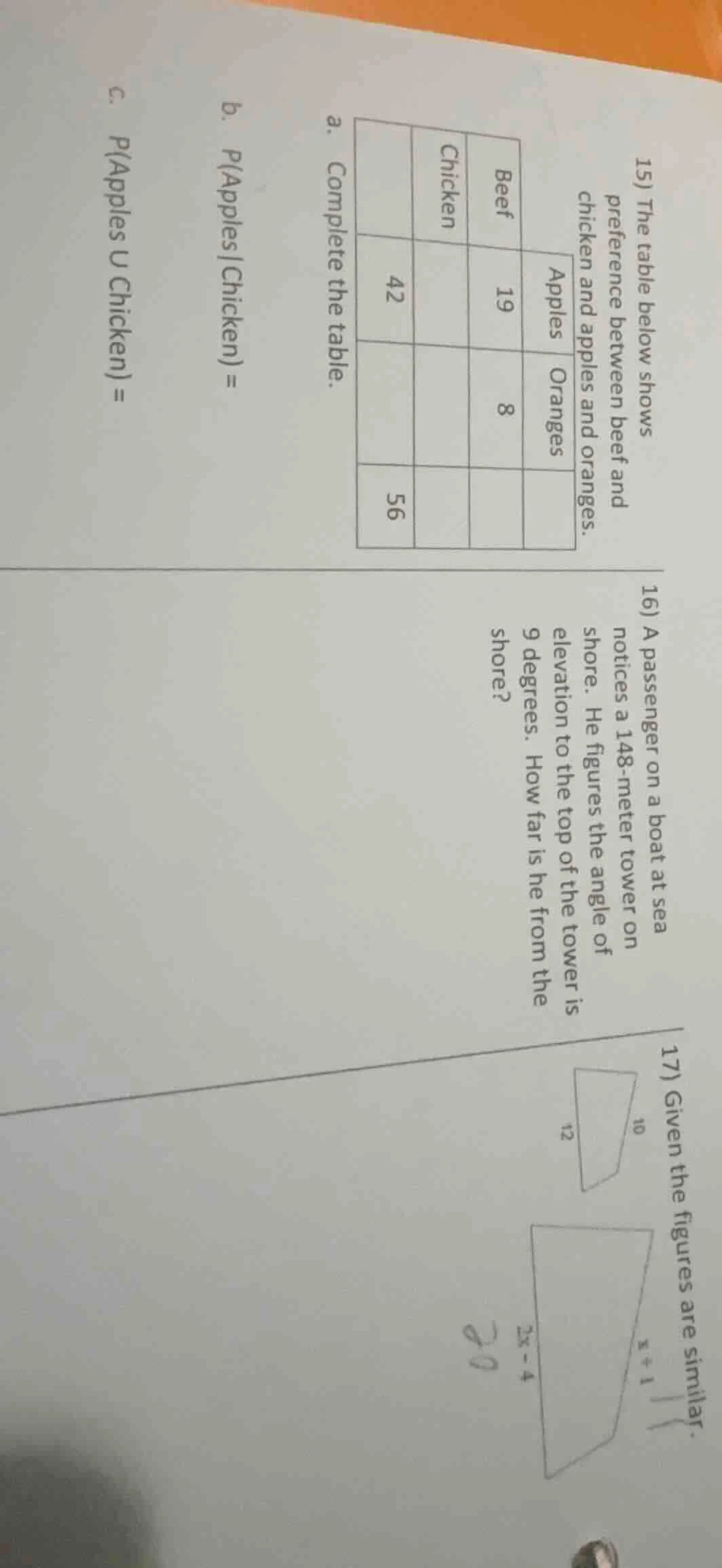 15) the table below shows preference between beef and chicken and apple…