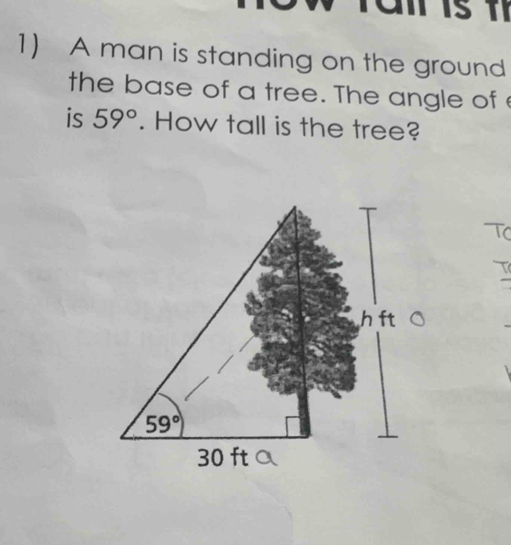 1) a man is standing on the ground the base of a tree. the angle of is …