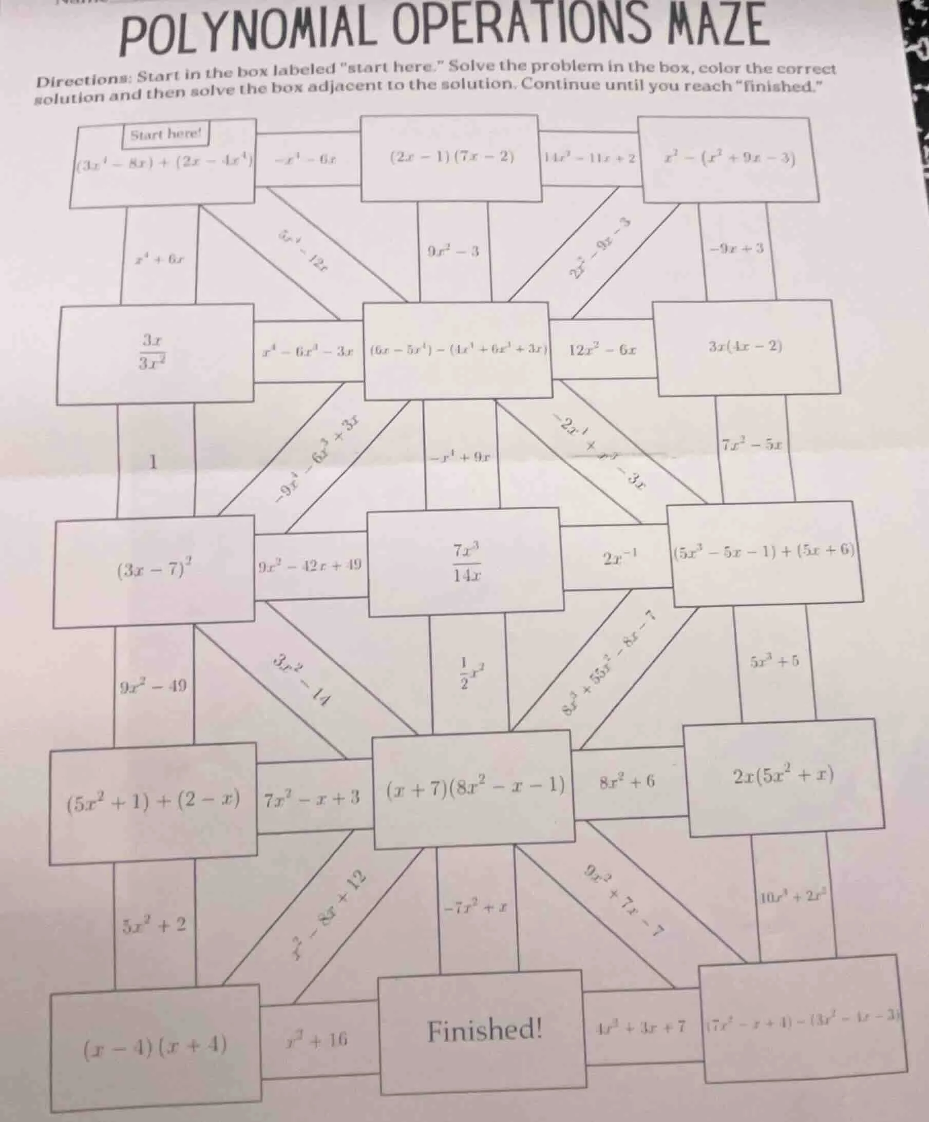 polynomial operations maze directions: start in the box labeled \start …