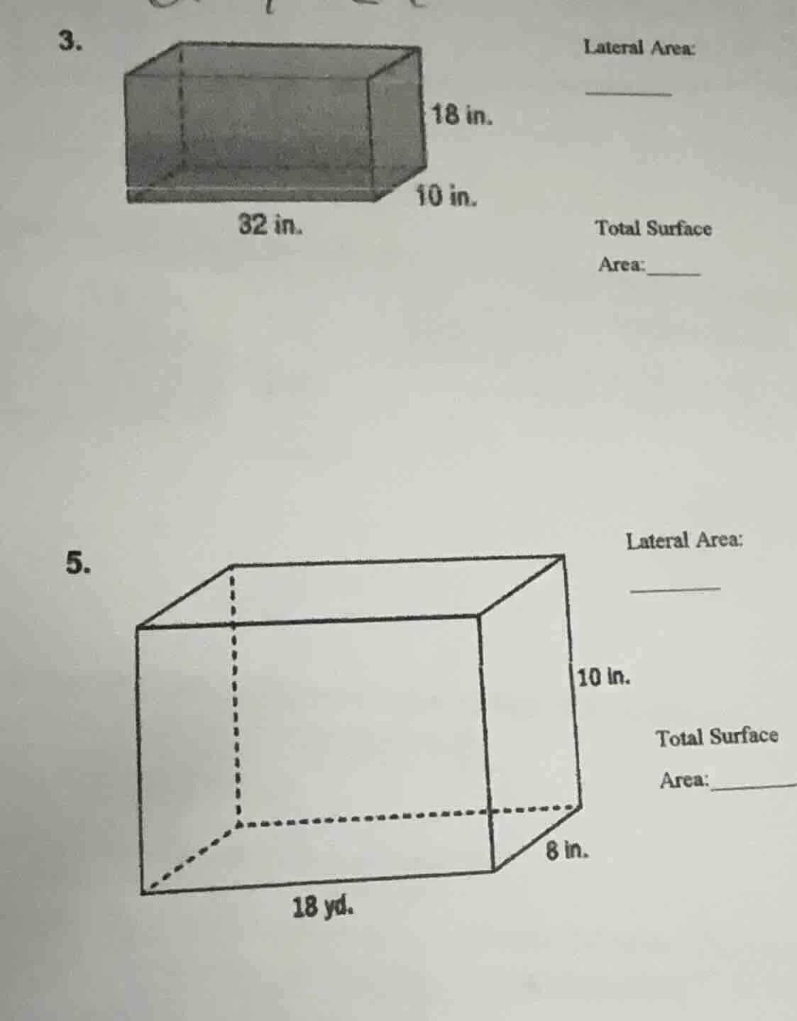 3. lateral area: total surface area: 5. lateral area: total surface are…