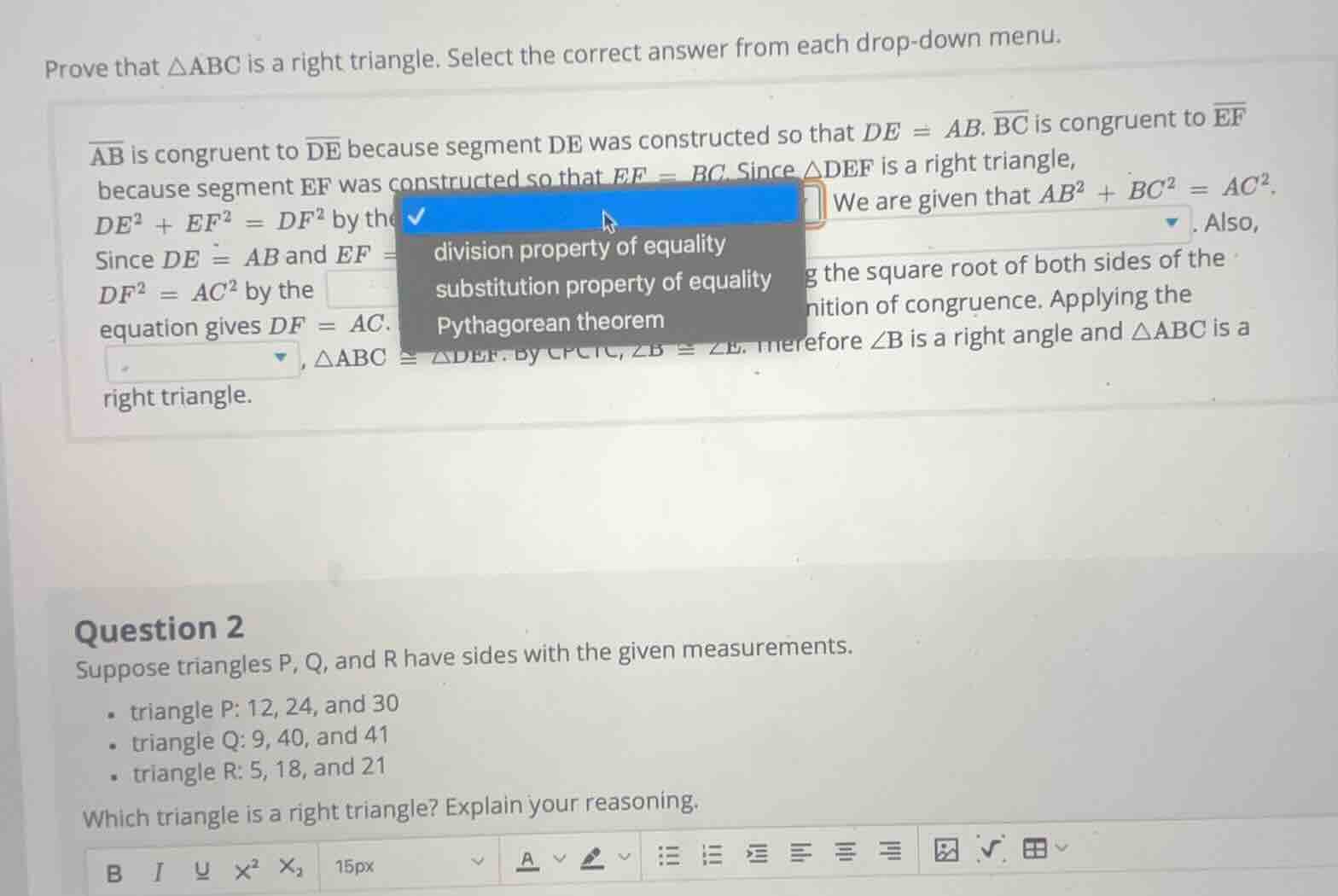 prove that △abc is a right triangle. select the correct answer from eac…