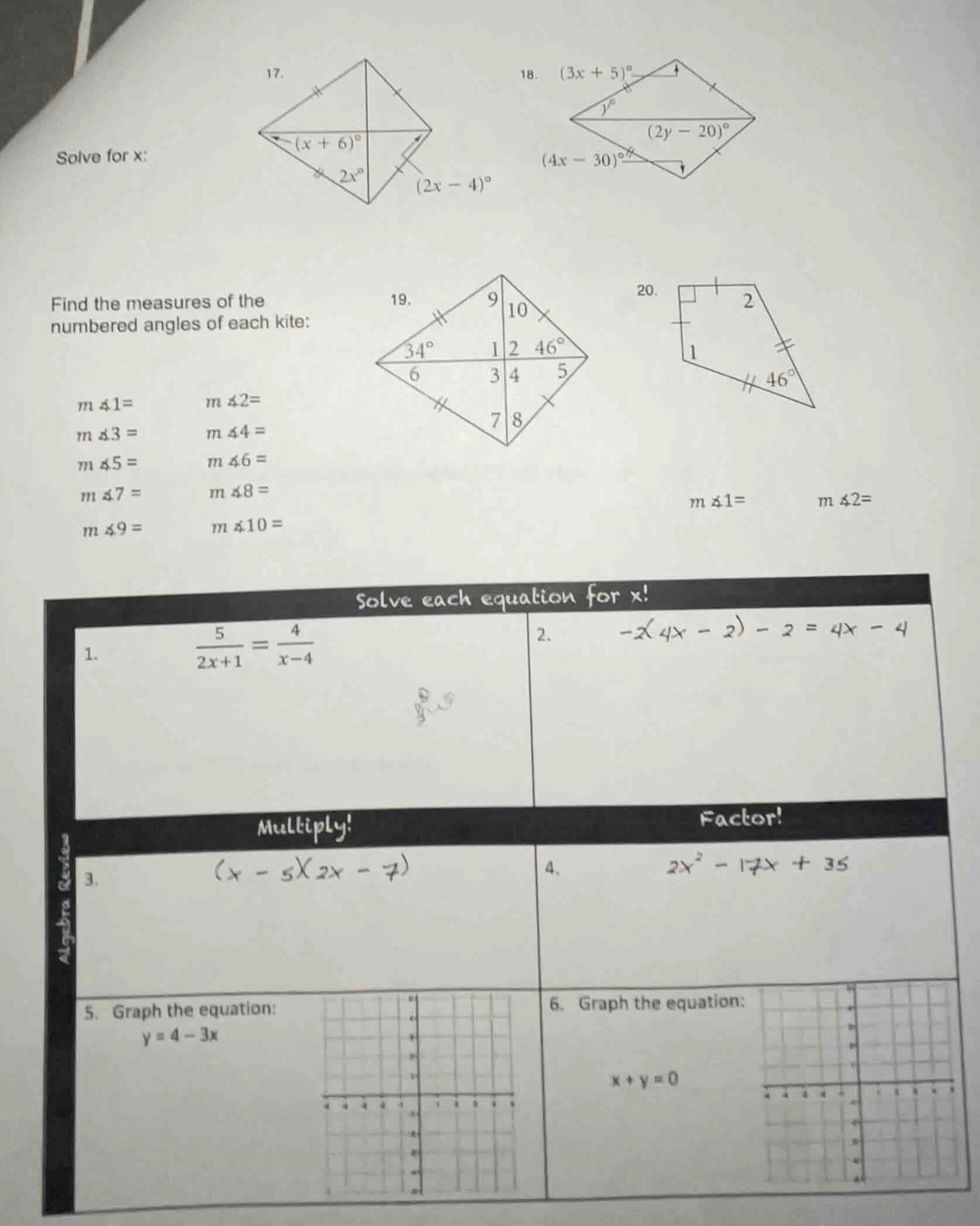 solve for x: 17. (diagram of a kite with angles ((x + 6)^circ), (2x^cir…