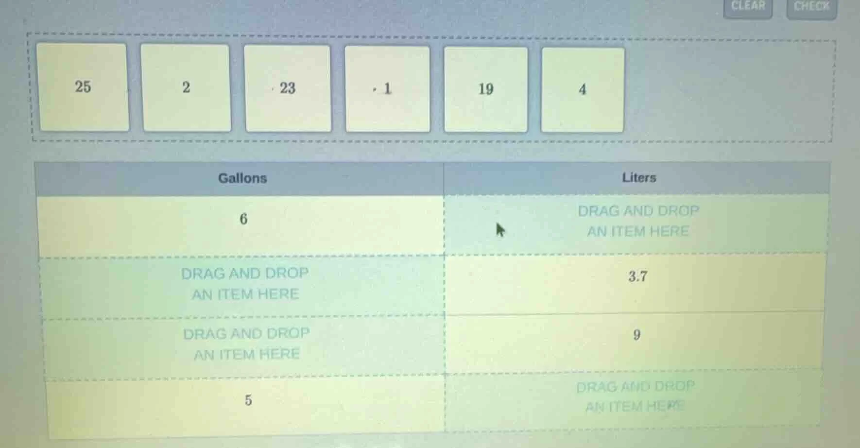 25, 2, 23, 1, 19, 4; gallons and liters table: 6 gallons (drag and drop…