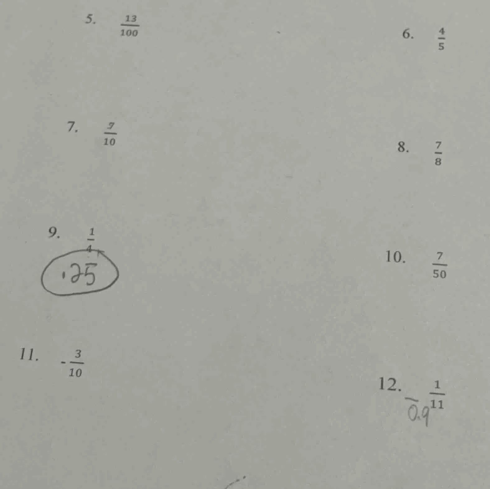 5. \\(\\frac{13}{100}\\)\ 6. \\(\\frac{4}{5}\\)\ 7. \\(\\frac{7}{10}\\)…