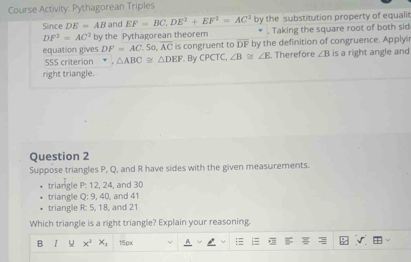 course activity: pythagorean triples since de = ab and ef = bc, de² + e…