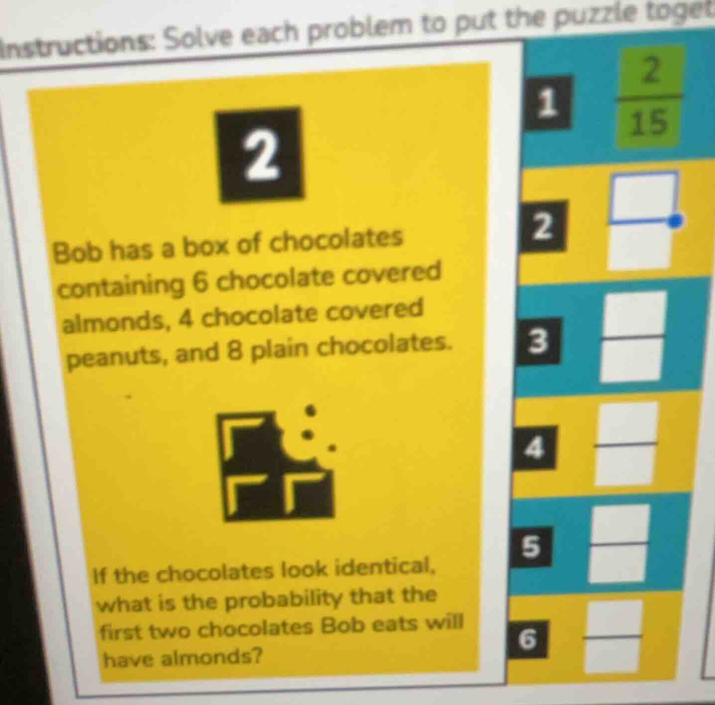 instructions: solve each problem to put the puzzle toget bob has a box …