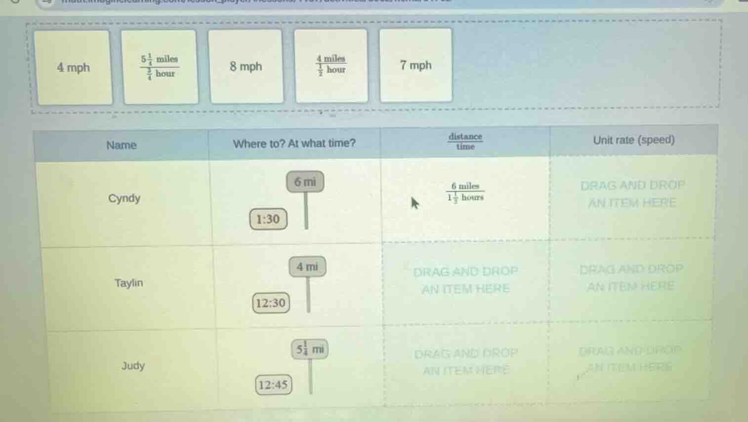 4 mph, \\(\\frac{5\\frac{1}{4} \\text{ miles}}{\\frac{3}{4} \\text{ hou…