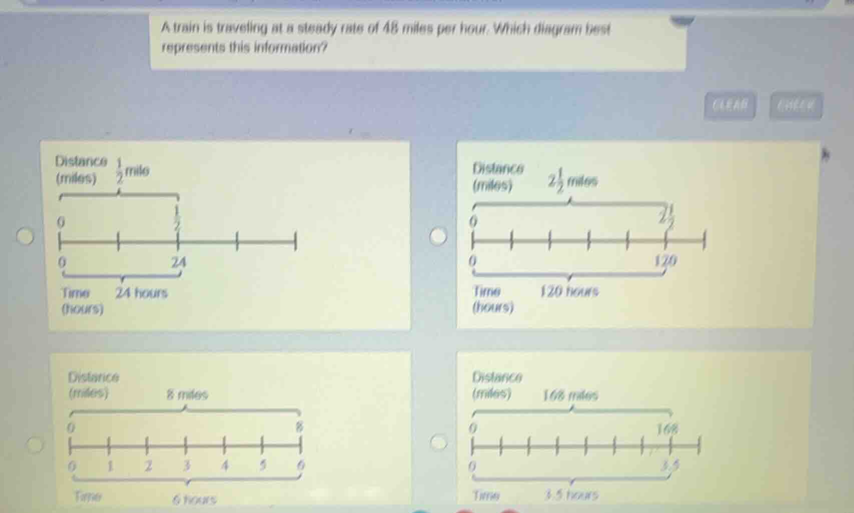 a train is traveling at a steady rate of 48 miles per hour. which diagr…