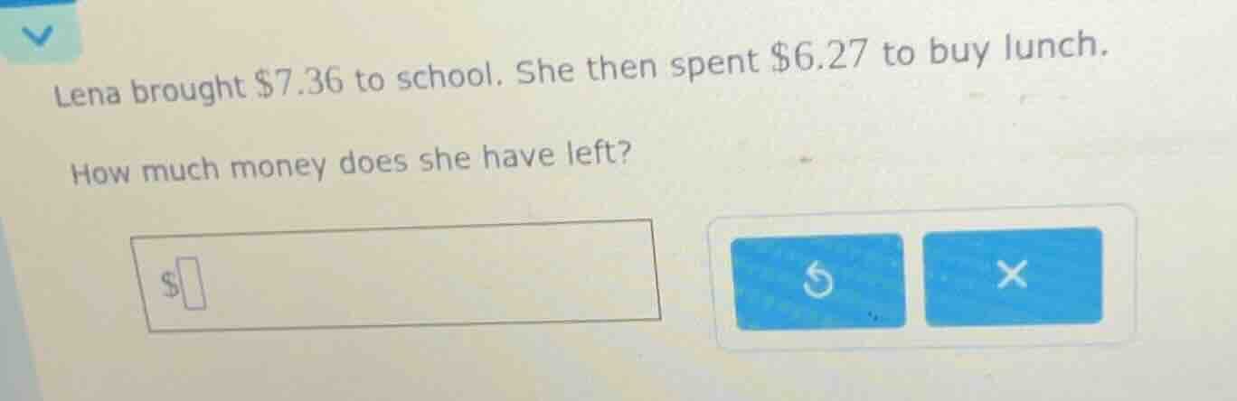 lena brought $7.36 to school. she then spent $6.27 to buy lunch. how mu…