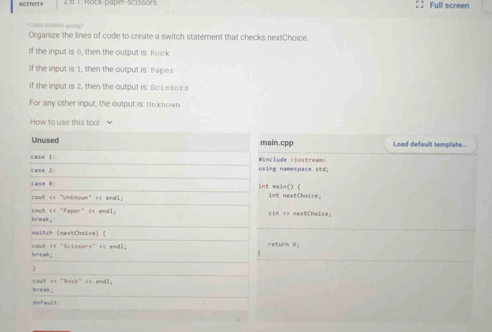 activity 2.6.1: rock-paper-scissors. organize the lines of code to crea…