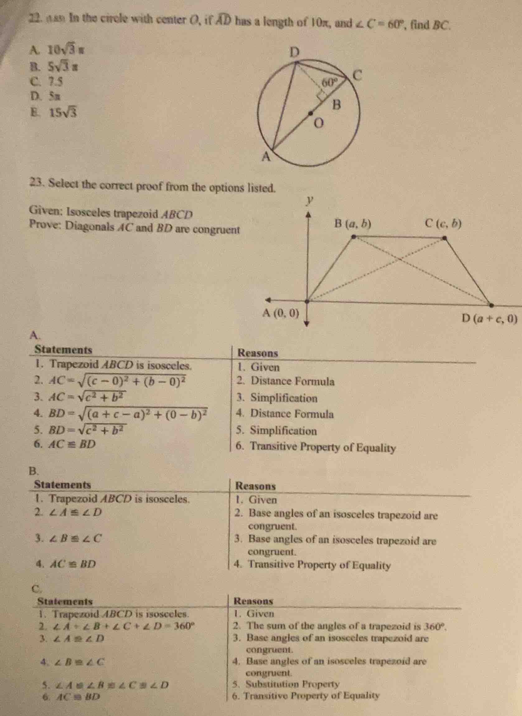 22. (18) in the circle with center o, if \\(\\overarc{ad}\\) has a leng…