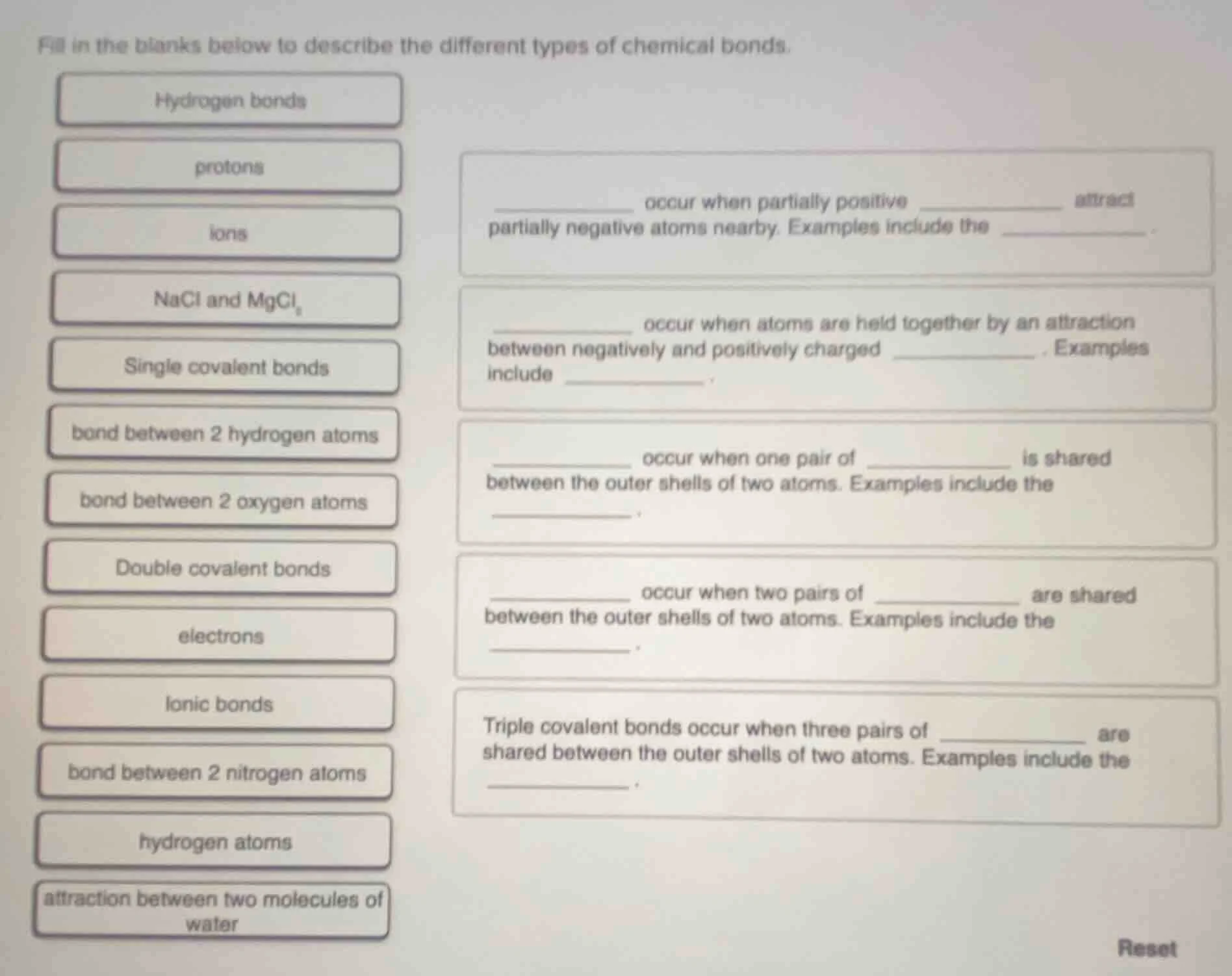 fill in the blanks below to describe the different types of chemical bo…