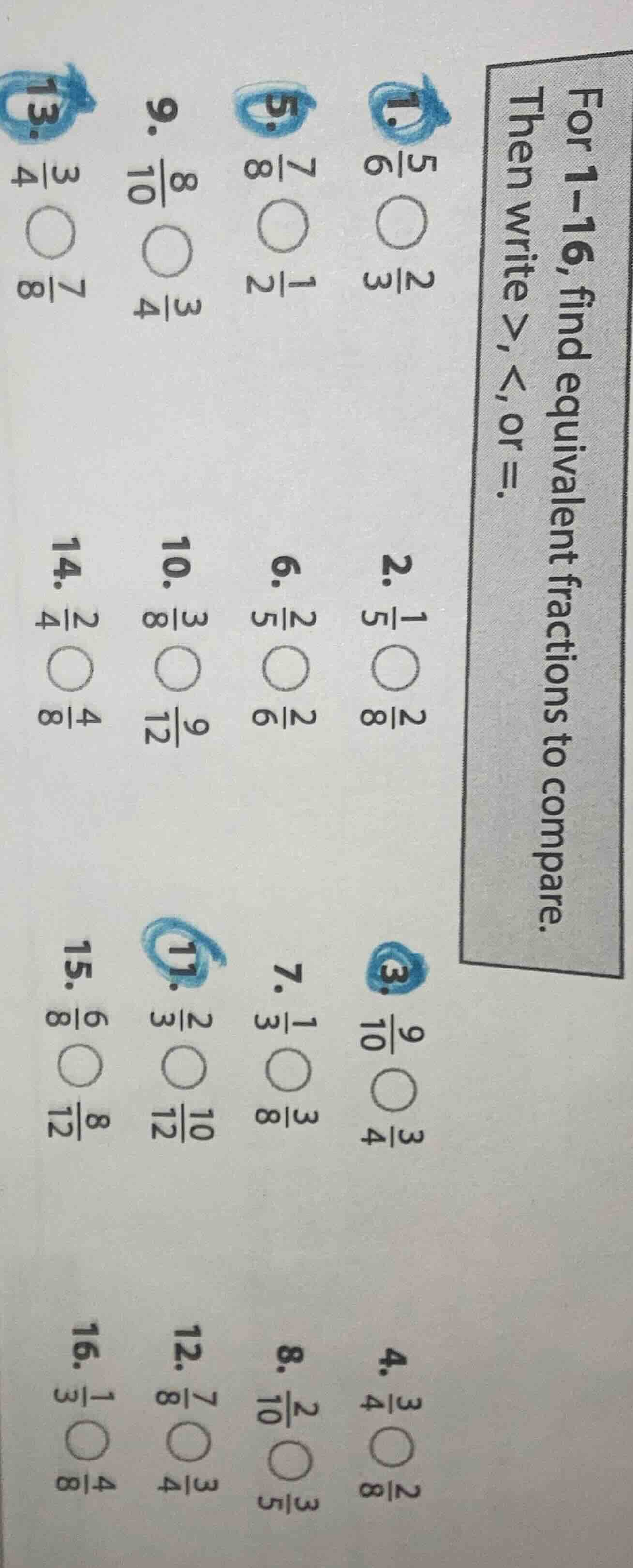 for 1 - 16, find equivalent fractions to compare. then write >, <, or =…