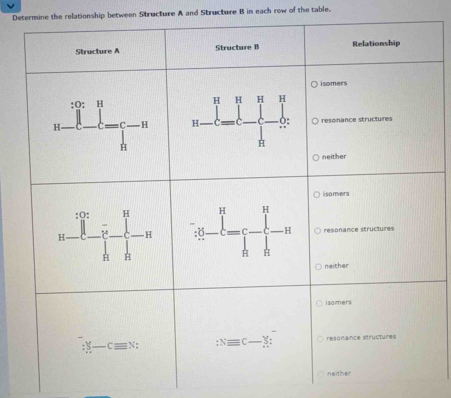 determine the relationship between structure a and structure b in each …