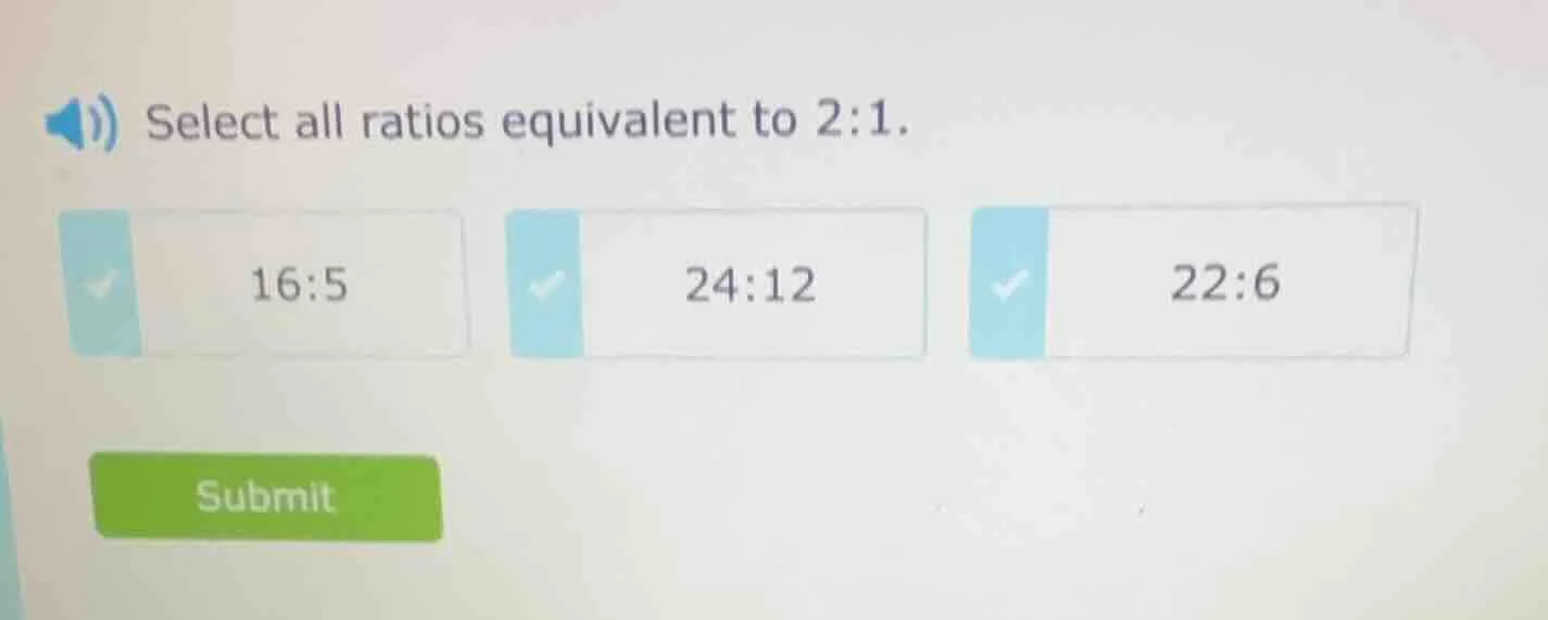 select all ratios equivalent to 2:1. 16:5 24:12 22:6 submit