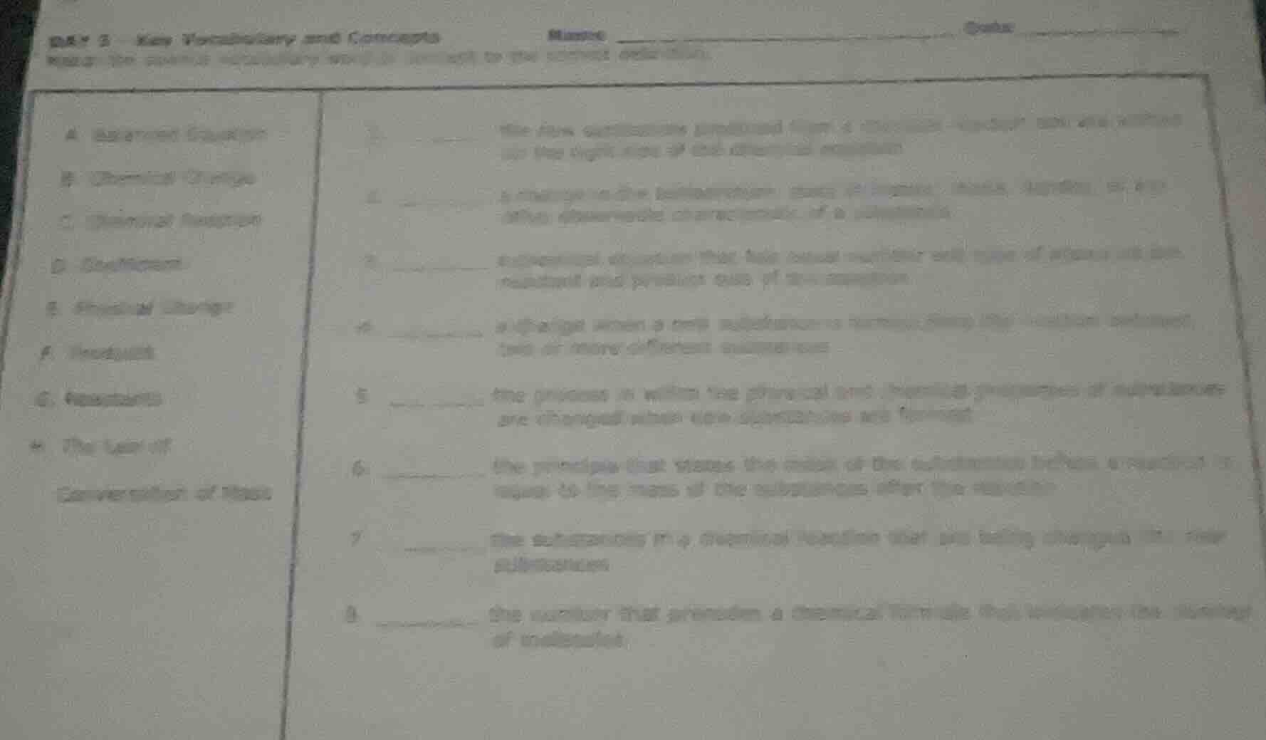 day 5 new vocabulary and concepts name date match the science vocabular…