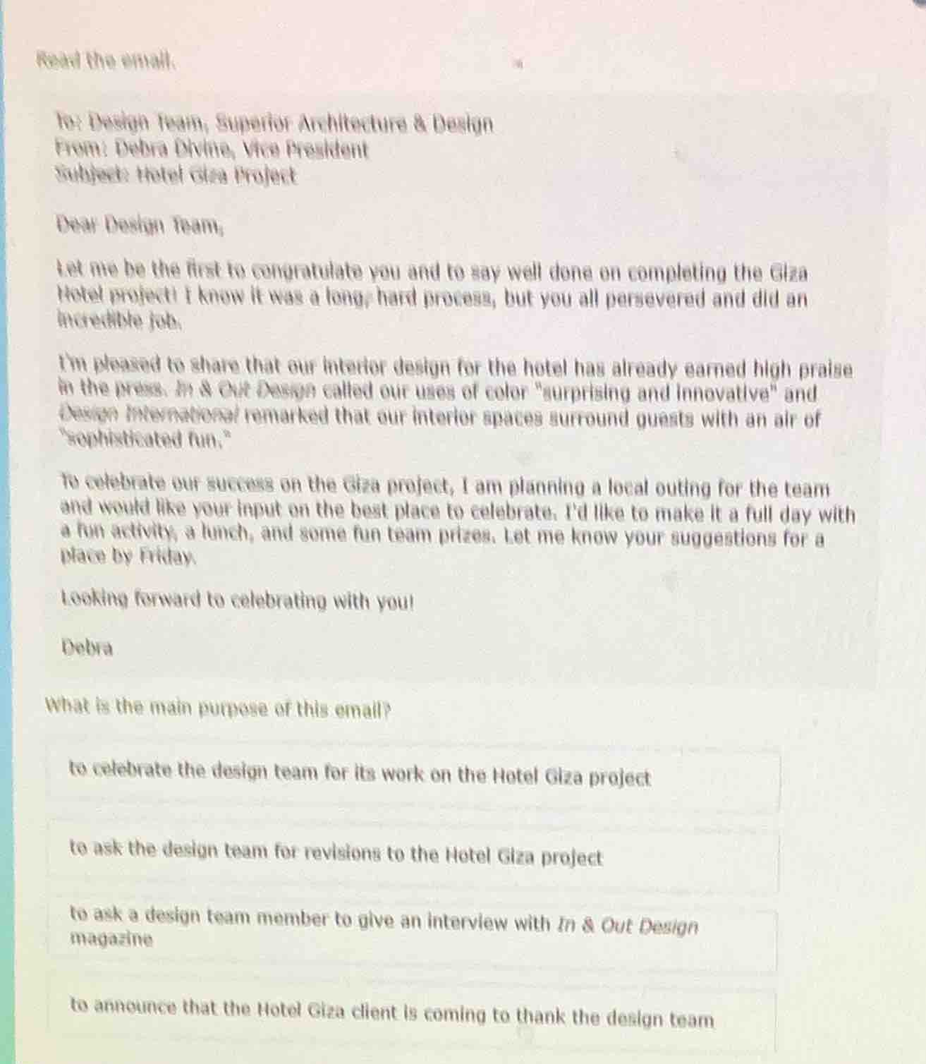 read the email. to: design team, superior architecture & design from: d…