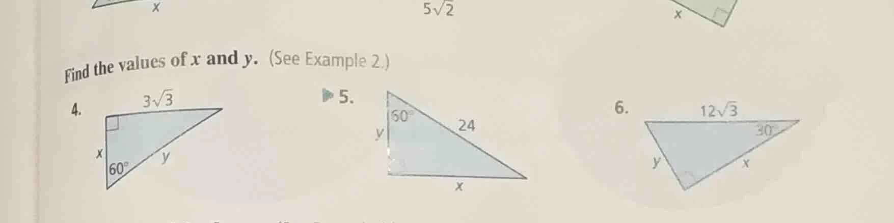 find the values of ( x ) and ( y ). (see example 2.) 4. 5. 6.