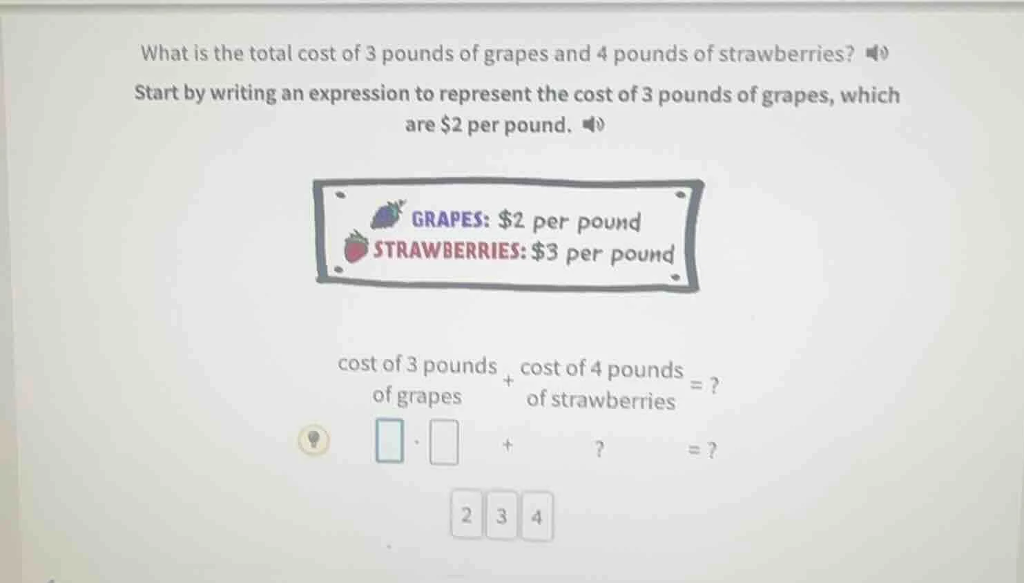 what is the total cost of 3 pounds of grapes and 4 pounds of strawberri…