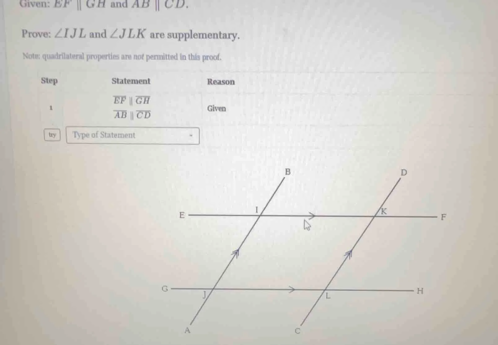 given: $ef \\parallel gh$ and $ab \\parallel cd$. prove: $\\angle ijl$ …