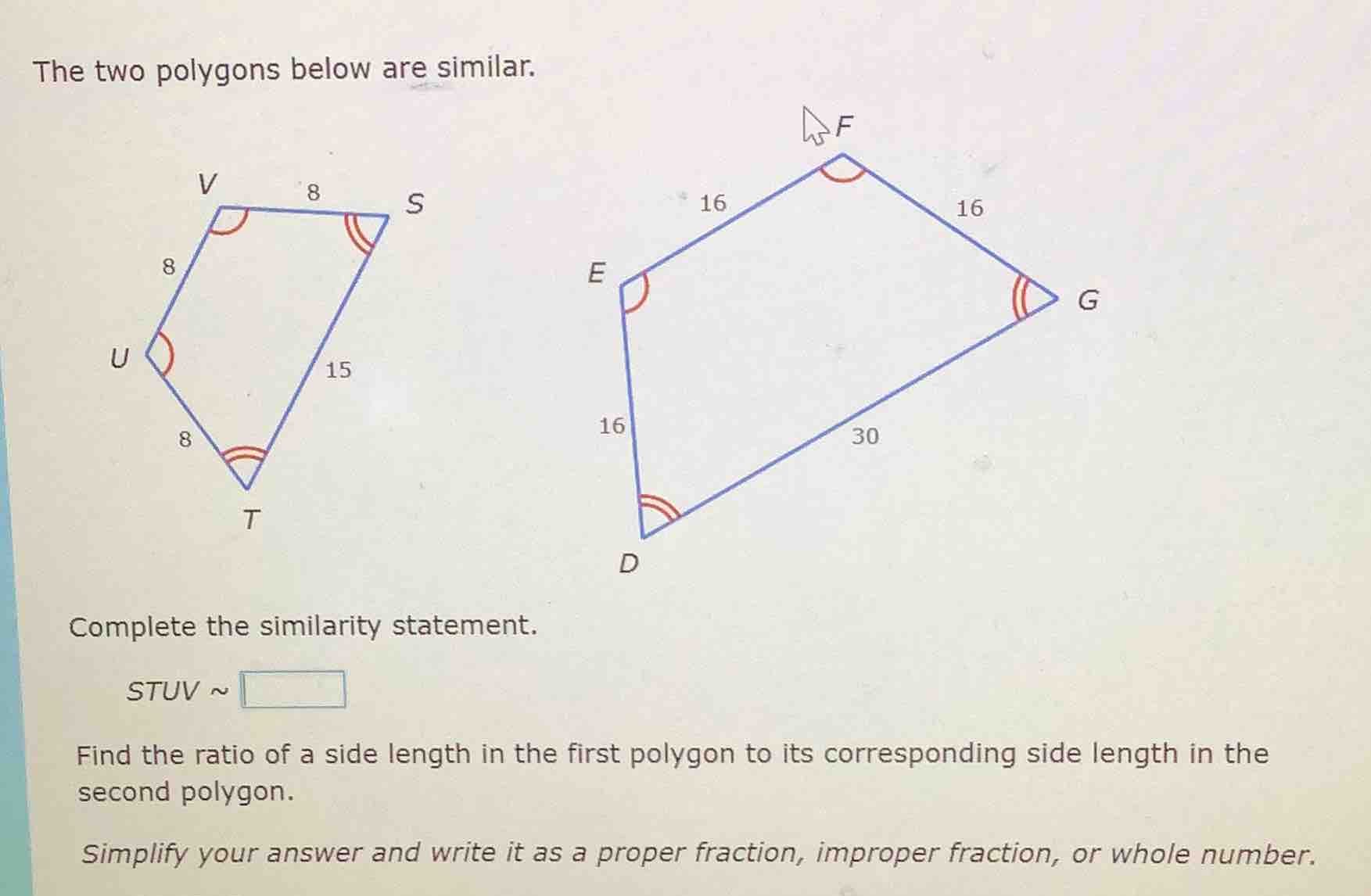 the two polygons below are similar. complete the similarity statement. …