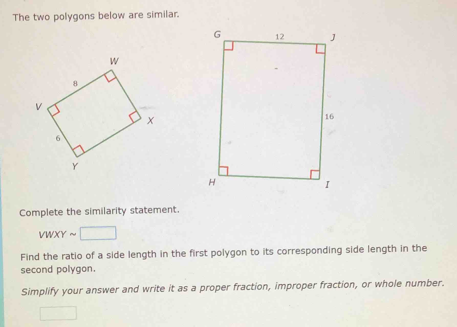 the two polygons below are similar. complete the similarity statement. …