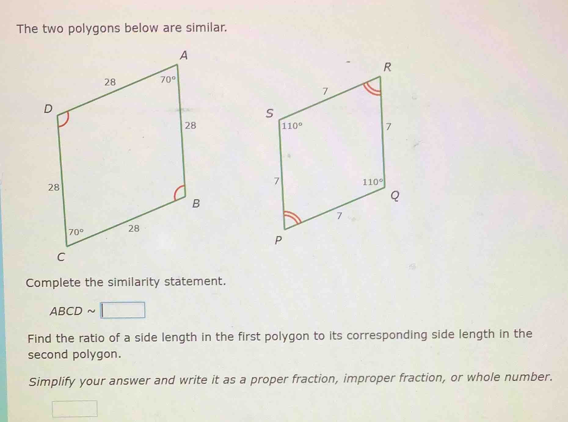 the two polygons below are similar. complete the similarity statement. …