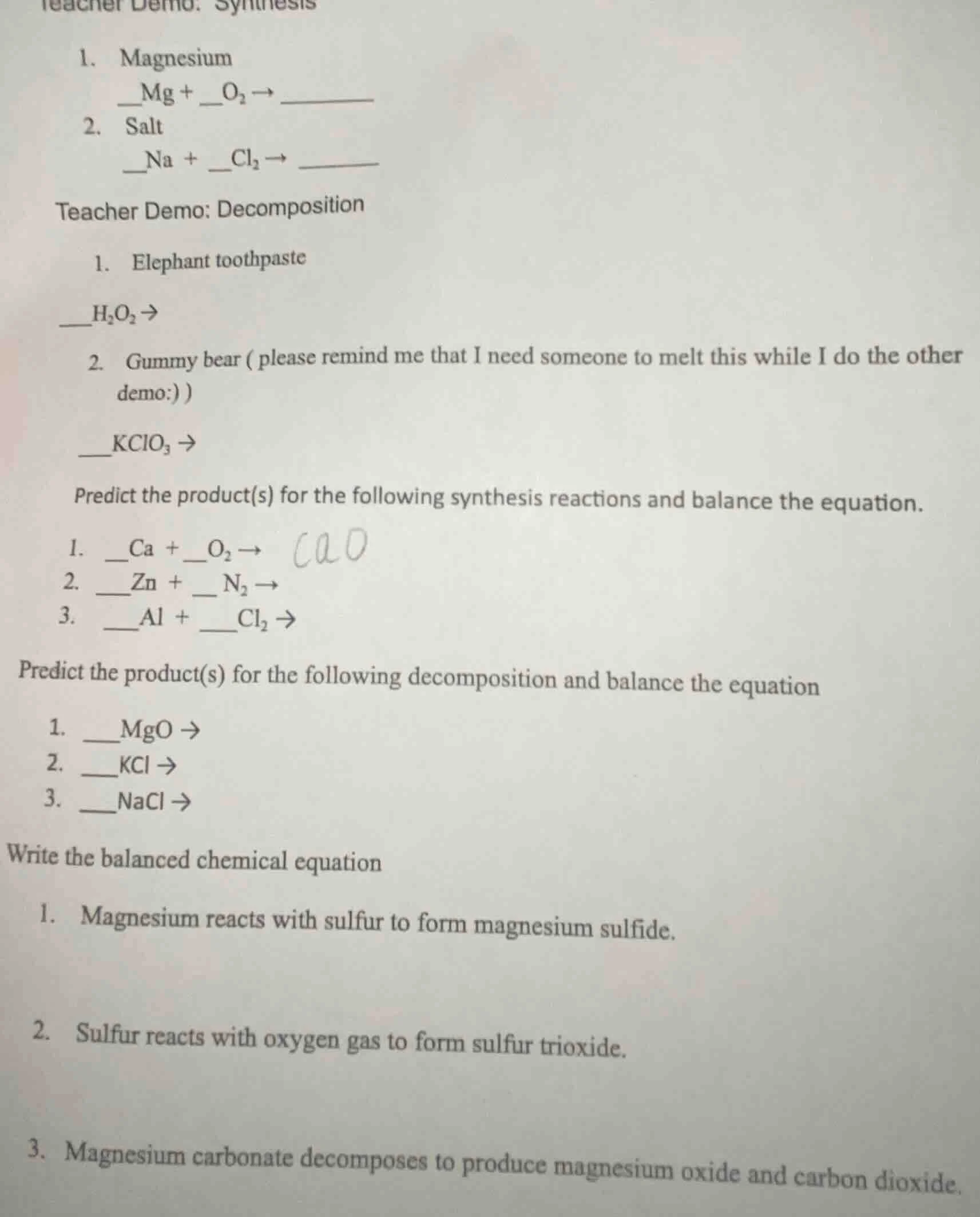 teacher demo: synthesis 1. magnesium __mg + __o₂ → _______ 2. salt __na…