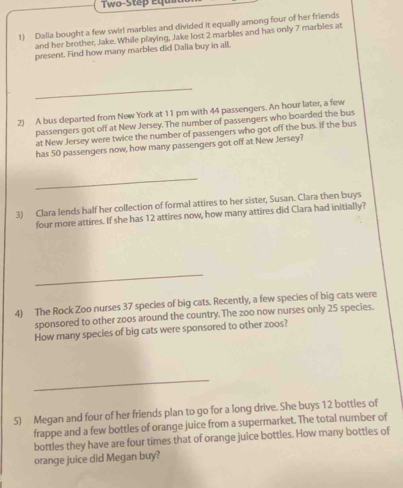 two-step equations 1) dalia bought a few swirl marbles and divided it e…